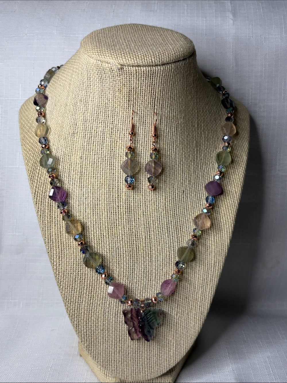 Handcrafted Fluorite and Crystal Necklace and Earring Set